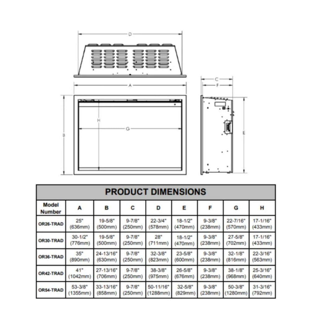 MODERN FLAMES 36" Orion Traditional Heliovision Electric Fireplace [OR36-TRAD] (SAK91024)-SAKSBY Dimensions View
