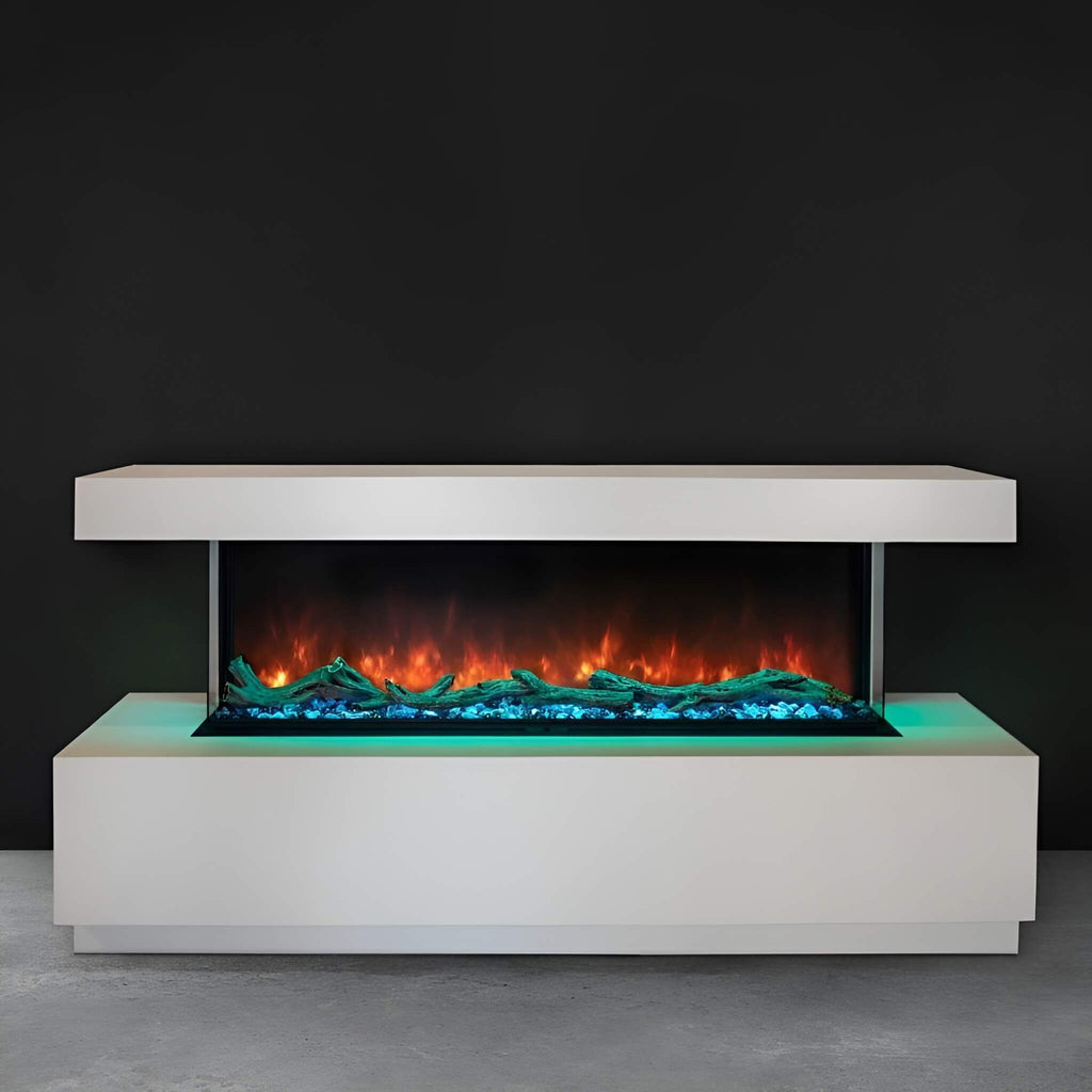Modern Flames Landscape Pro Multi 56-Inch Linear Multi-Sided Electric Fireplace With Hybrid Flame Technology [LPM-5616V2] (SAK67390) - Saksby Wholesale - Lifestyle Image With Green Flames View