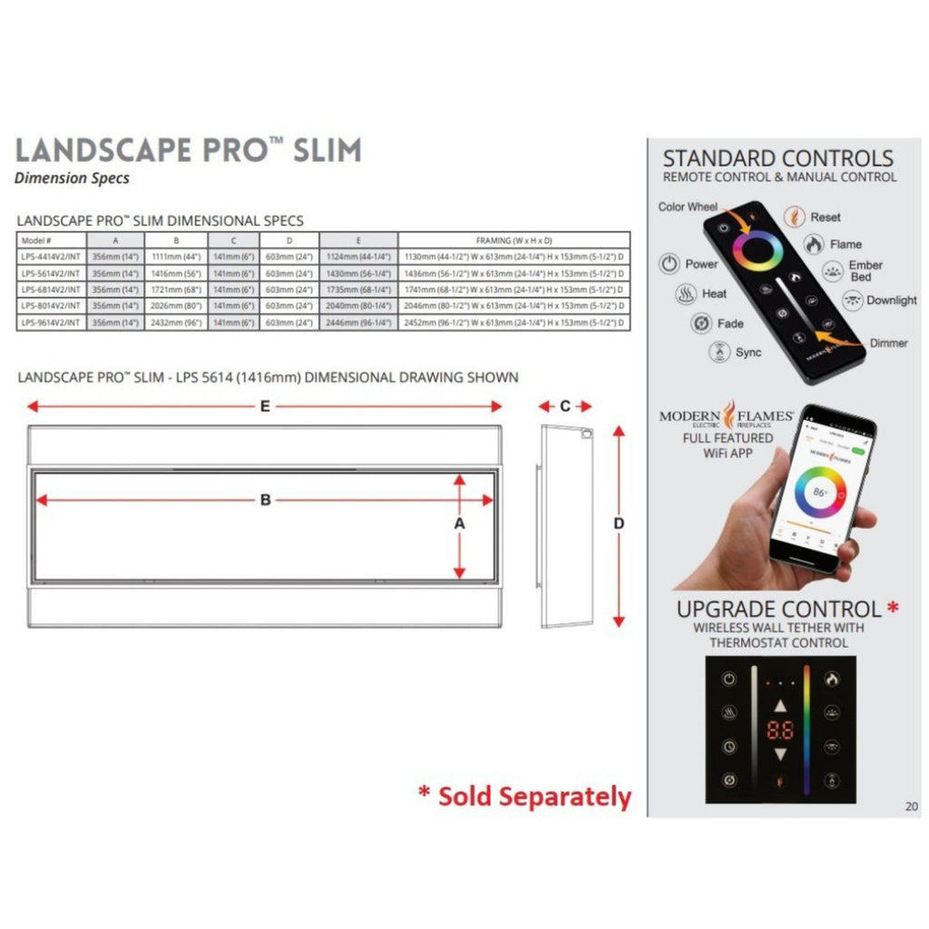 Modern Flames Landscape Pro Slim 44-Inch Built-In Linear Electric Fireplace [LPS-4414V2] (SAK18695) - Saksby Wholesale - Dimensions And Control View