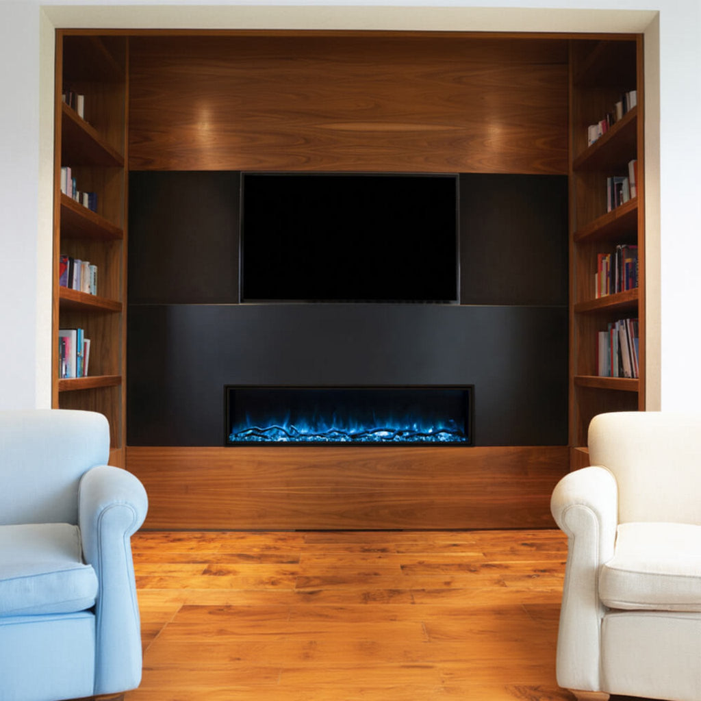 Modern Flames Landscape Pro Slim 56-Inch Built-In Linear Electric Fireplace [LPS-5614V2] (SAK54711) - Saksby Wholesale - Living Room With Side Bookshelves View