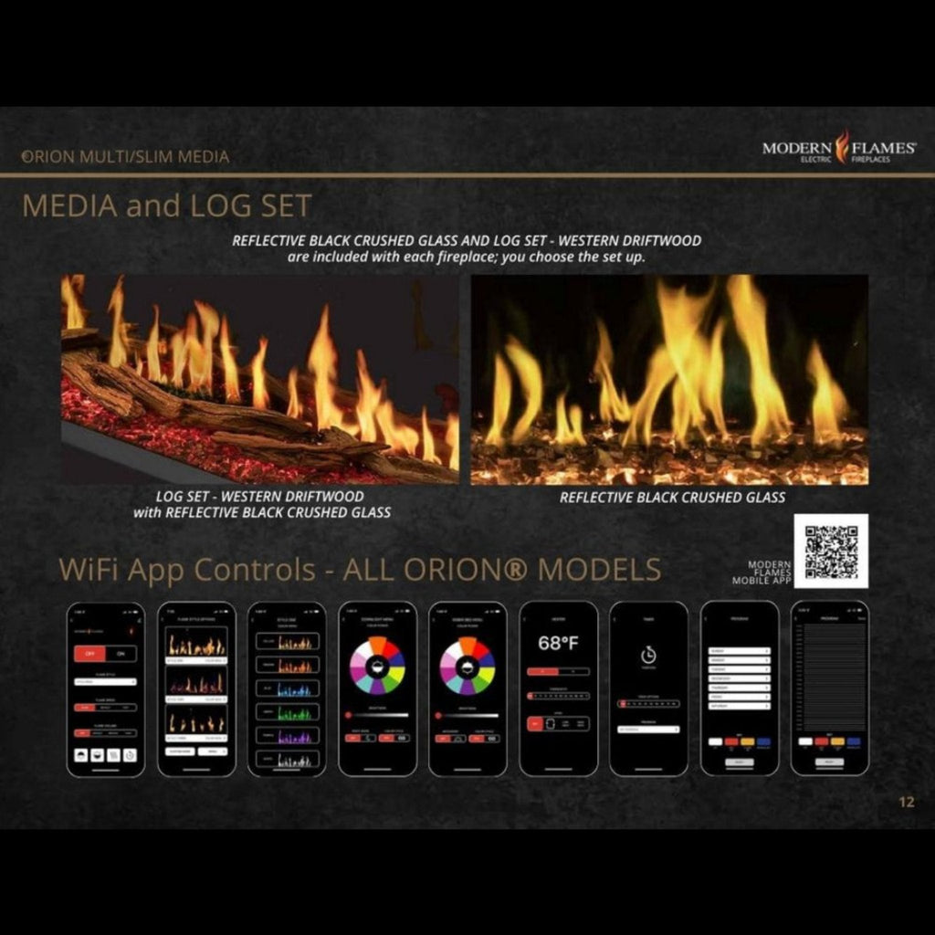 Modern Flames Orion Slim 76" Heliovision Single-Sided Electric Fireplace [OR76-SLIM] SAKSBY - Media and Log Set View