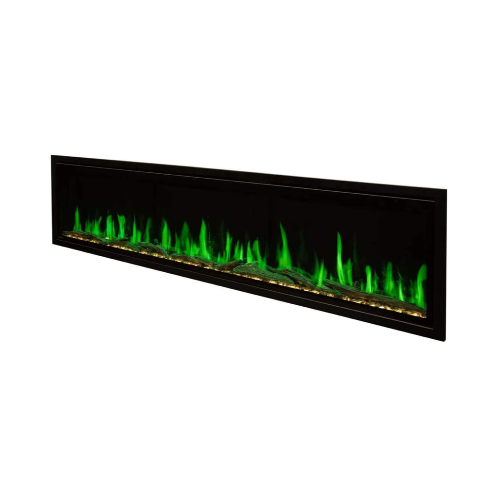 Modern Flames Orion Slim 100-Inch Heliovision Single-Sided Fireplace [OR100-SLIM] (SAK95432) - Saksby Wholesale - Front Left View With Green Flames and Logs