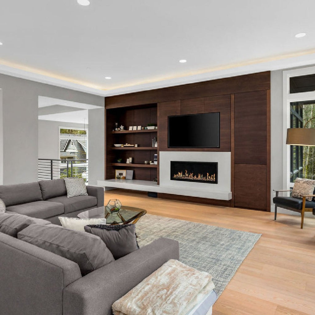 Modern Flames Orion Slim 60-Inch Heliovision Single-Sided Electric Fireplace [OR60-SLIM] (SAK73157) - Saksby Wholesale - White and Brown Living Room