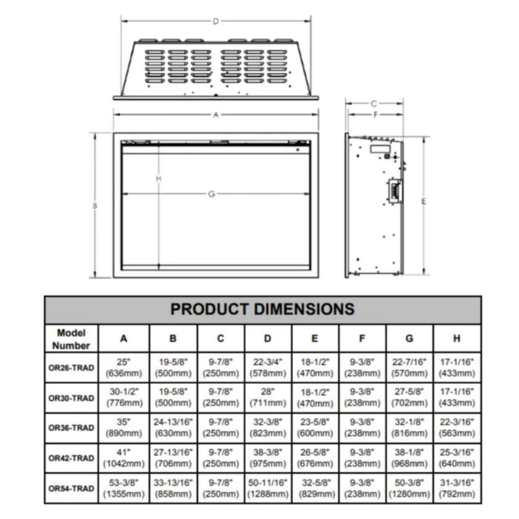 Modern Flames Orion Traditional 36-Inch Heliovision Electric Fireplace [OR36-TRAD] (SAK91024) - Saksby Wholesale - Dimensions