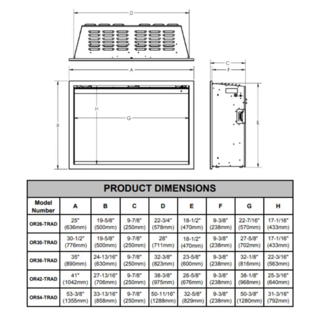 Modern Flames Orion Traditional 42-Inch Heliovision Electric Fireplace [OR42-TRAD] (SAK83765) - Saksby Wholesale - Dimensions View
