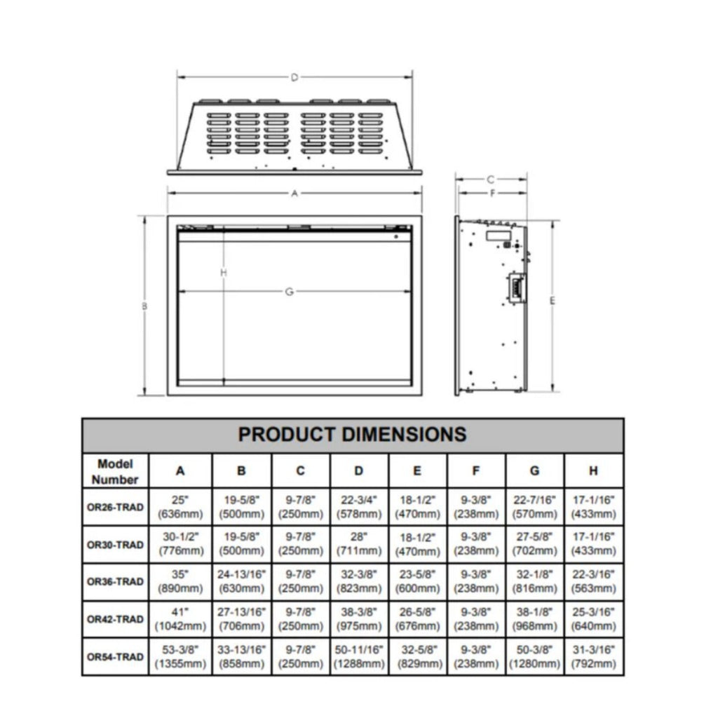 Modern Flames Orion Traditional 54-Inch Heliovision Electric Fireplace [OR54-TRAD] (SAK74620) - Saksby Wholesale - Product Dimensions View