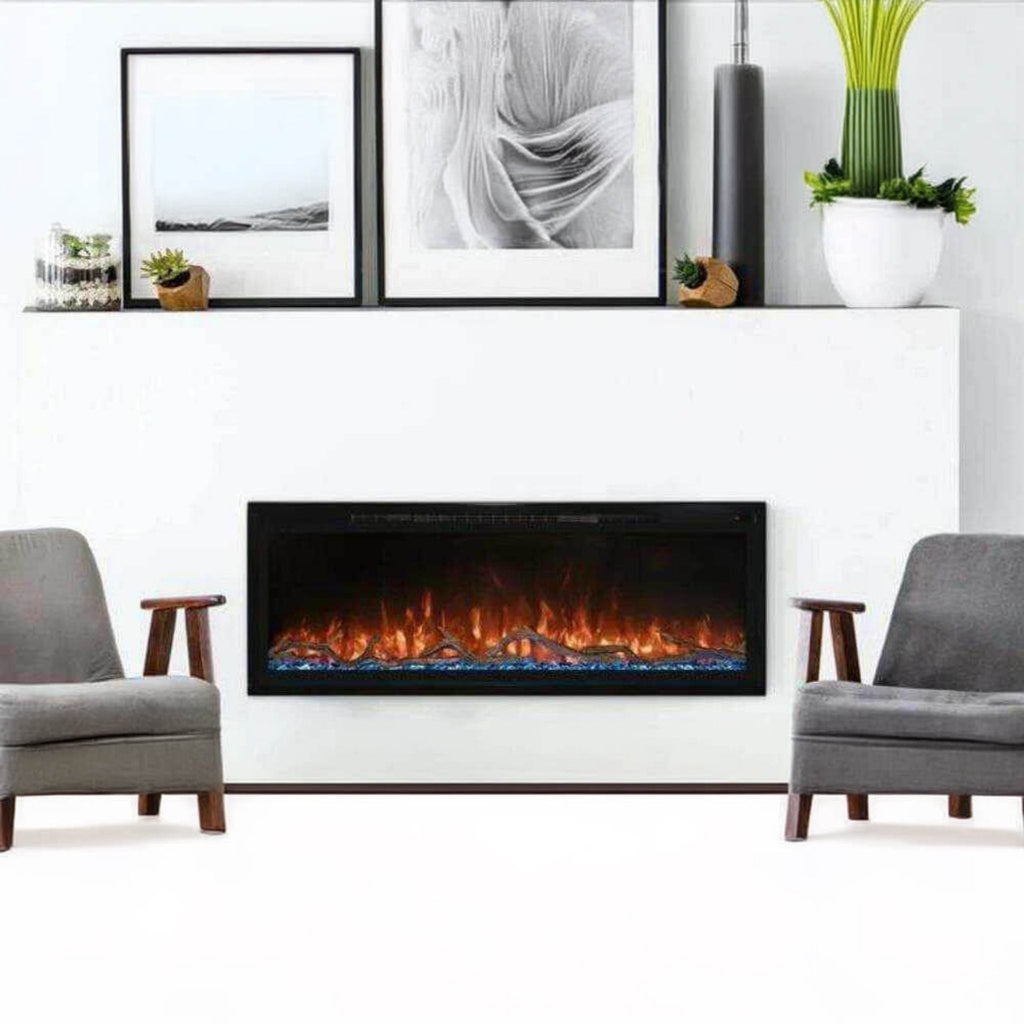 Modern Flames Spectrum Slimline 60-Inch Built-In Linear Electric Fireplace [SPS-60B] (SAK81537) - Saksby Wholesale -White Living Room With Paintings and Chairs View