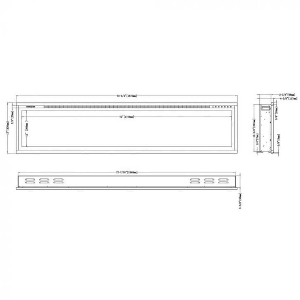 Modern Flames Spectrum Slimline 74" Built-In Linear Electric Fireplace [SPS-74B] SAKSBY - Dimensions View