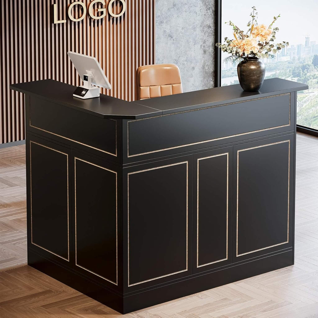 Modern L-Shaped Reception Desk With Storage Shelves (SAK81036) - Saksby Wholesale - Black Color In Lifestyle Image
