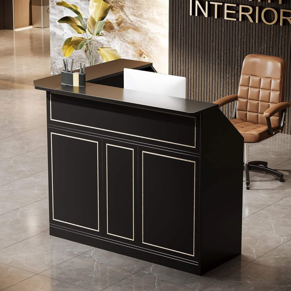 Modern L-Shaped Reception Desk With Storage Shelves (SAK81036) - Saksby Wholesale - Black Desk In Lifestyle Image