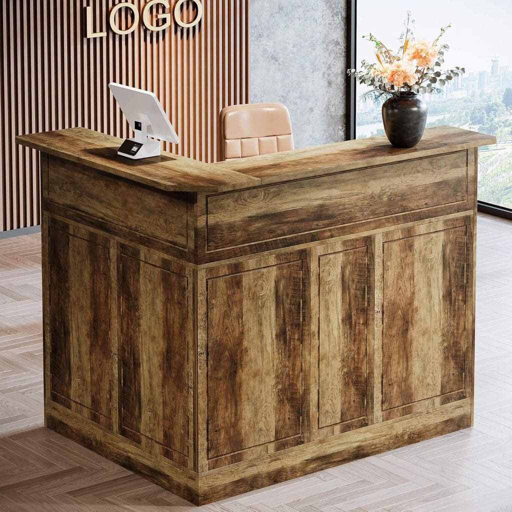 Modern L-Shaped Reception Desk With Storage Shelves (SAK81036) - Saksby Wholesale - Brown Desk Lifestyle Image