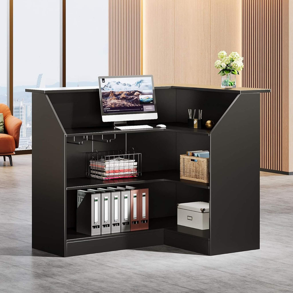 Modern L-Shaped Reception Desk With Storage Shelves (SAK81036) - Saksby Wholesale - Inner Back View In Lifestyle Image