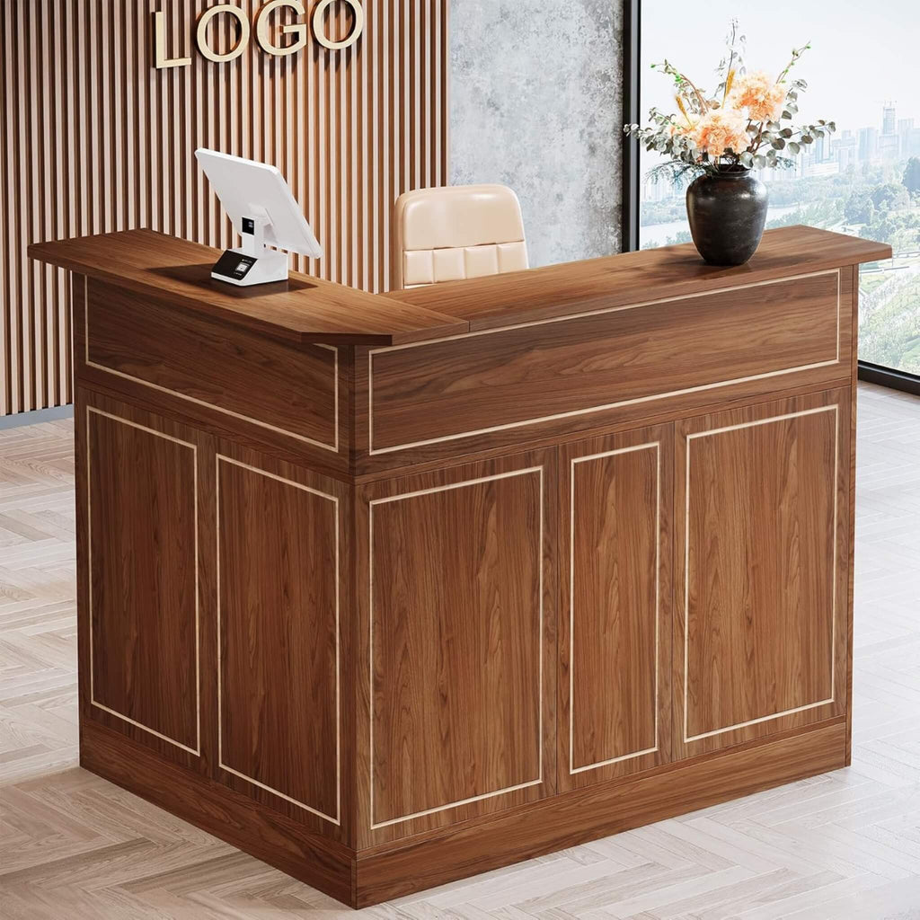 Modern L-Shaped Reception Desk With Storage Shelves (SAK81036) - Saksby Wholesale - Red Brown Color