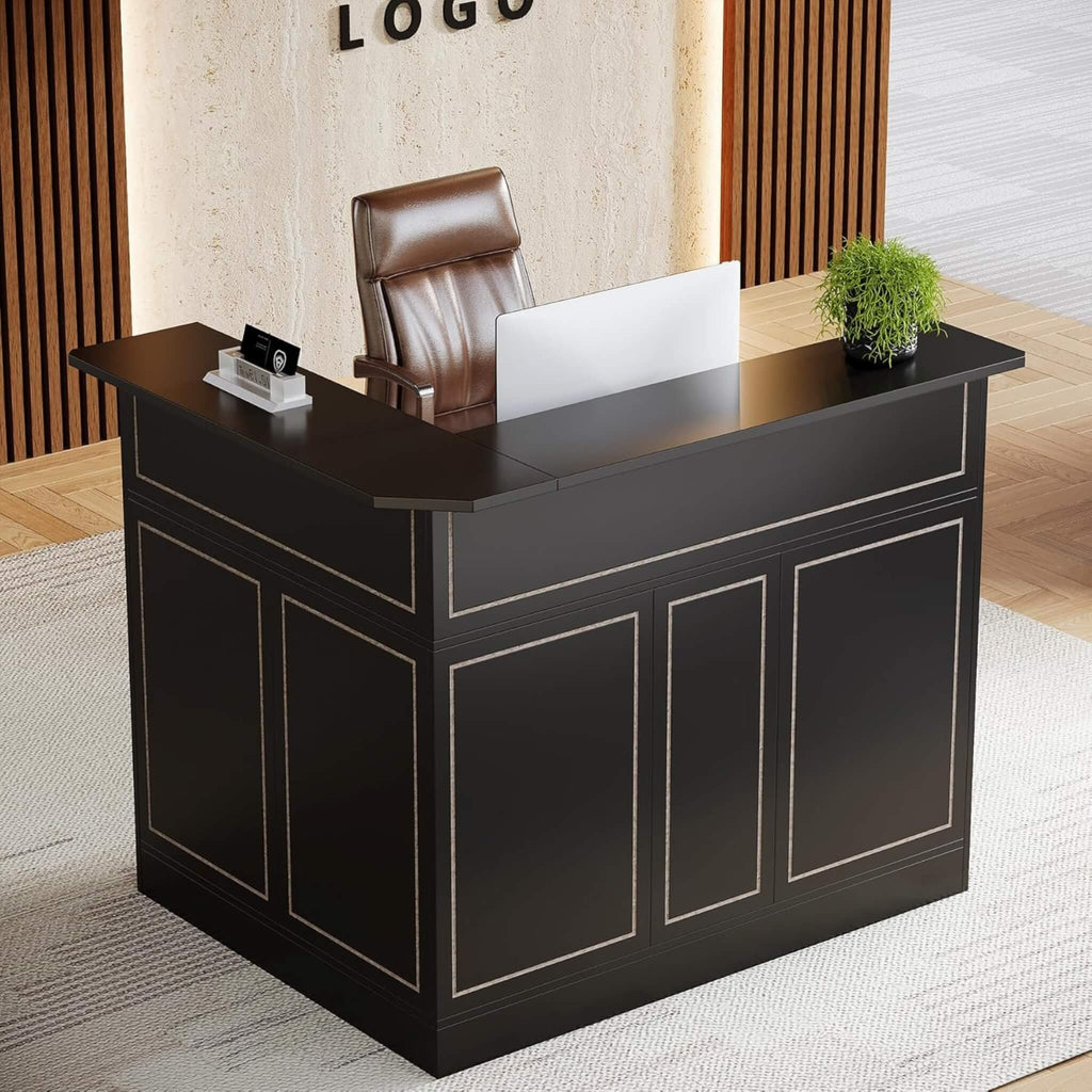 Modern L-Shaped Reception Desk With Storage Shelves (SAK81036) - Saksby Wholesale - Red Brown Desk In Lifestyle Image At Lobby