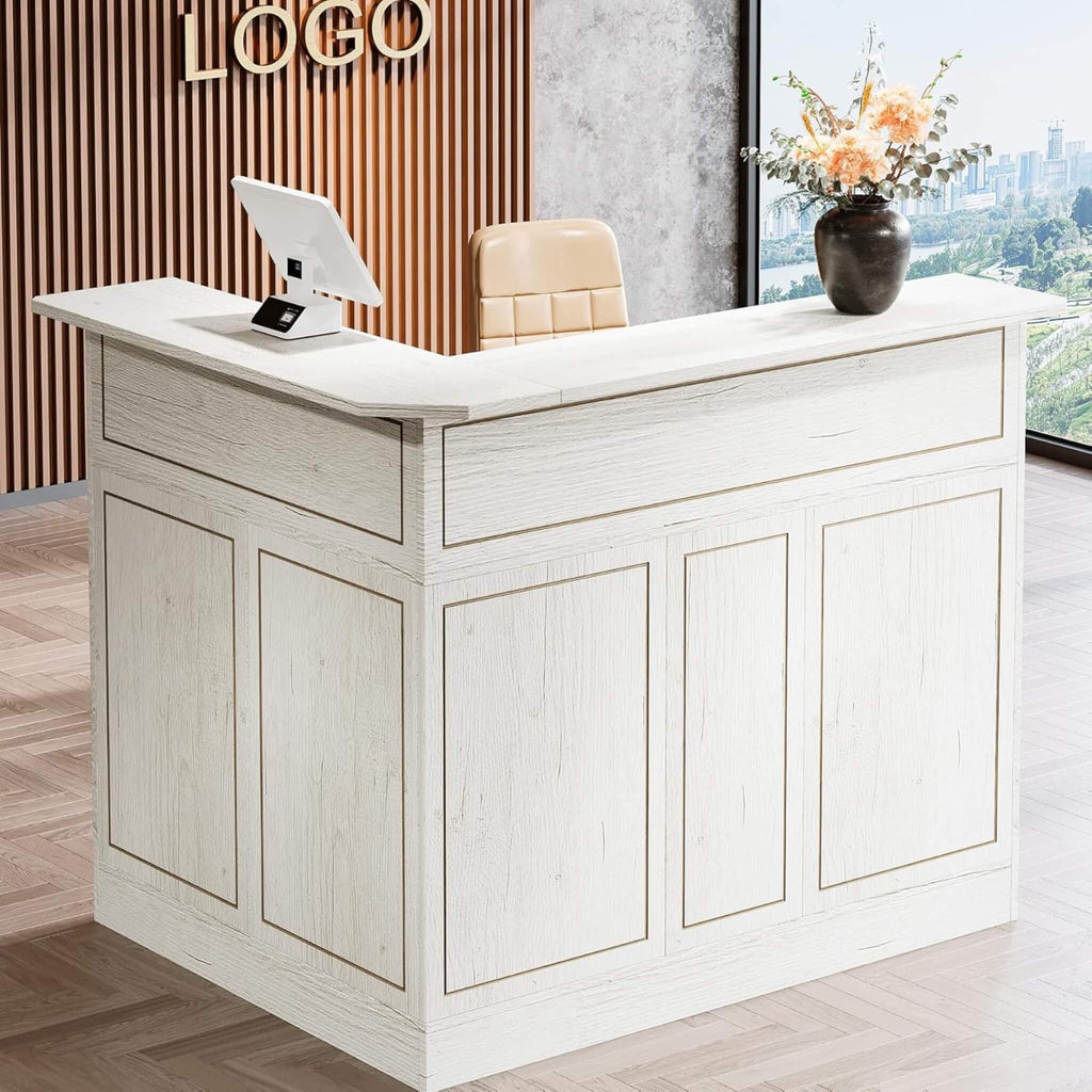 Modern L-Shaped Reception Desk With Storage Shelves (SAK81036) - Saksby Wholesale - White Desk In Lifestyle Image