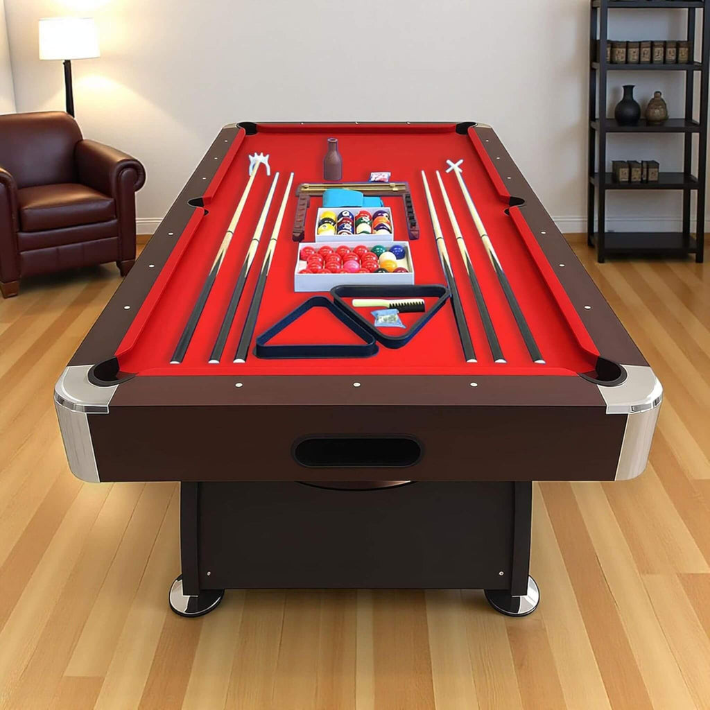 8FT Modern Red Felt Billiard Pool Table With Automatic Ball Return And Accessories (SAK76139) - Saksby Wholesale - Lifestyle Image In living Room