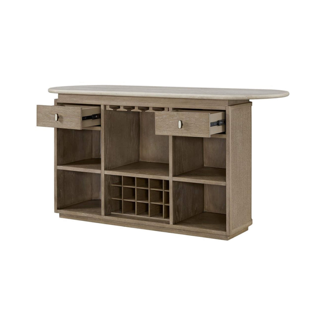 Modern Red Oak Home Bar Cabinet With Travertine Stone Top And Natural Rope Front (SAK72931) - Saksby Wholesale - Drawers View