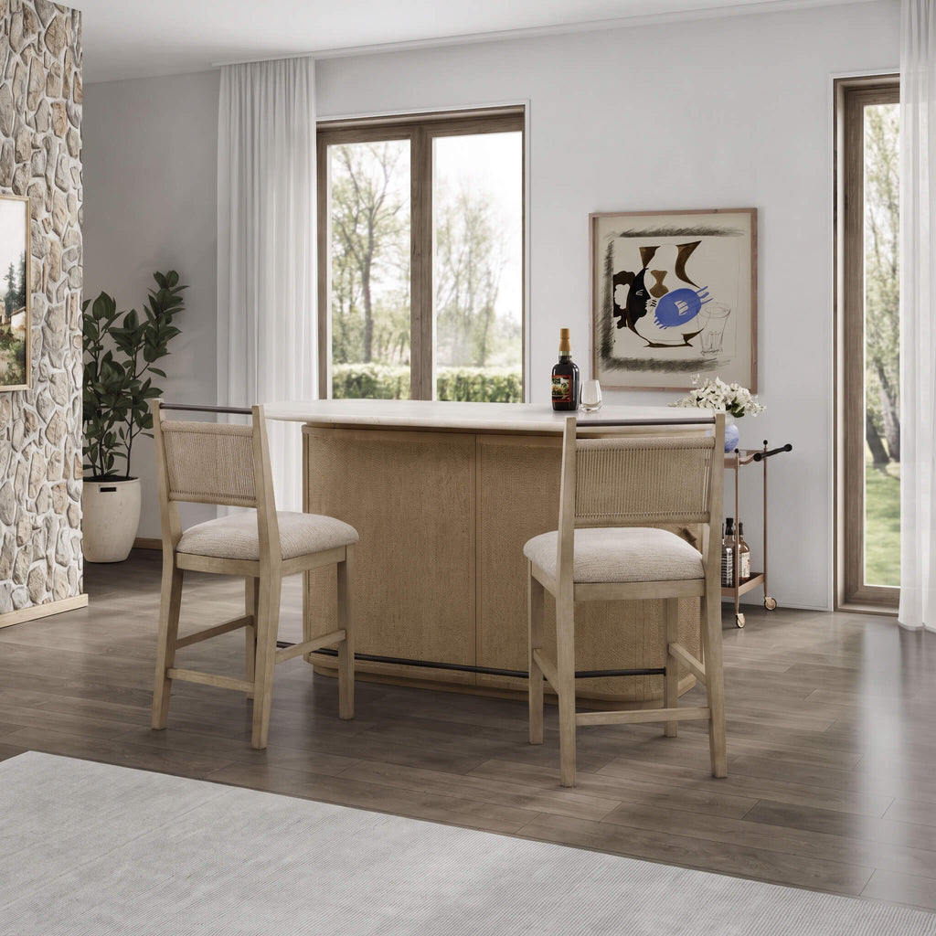 Modern Red Oak Home Bar Cabinet With Travertine Stone Top And Natural Rope Front (SAK72931) - Saksby Wholesale - Sala View