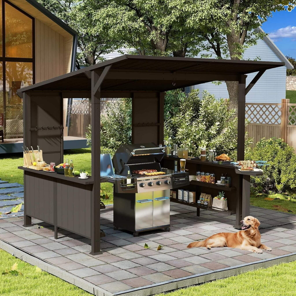 [09X10FT] Modern Slanted Hardtop Alloy Steel Grill Gazebo (SAK32687) - Saksby Wholesale - Lifestyle Brown In Backyard