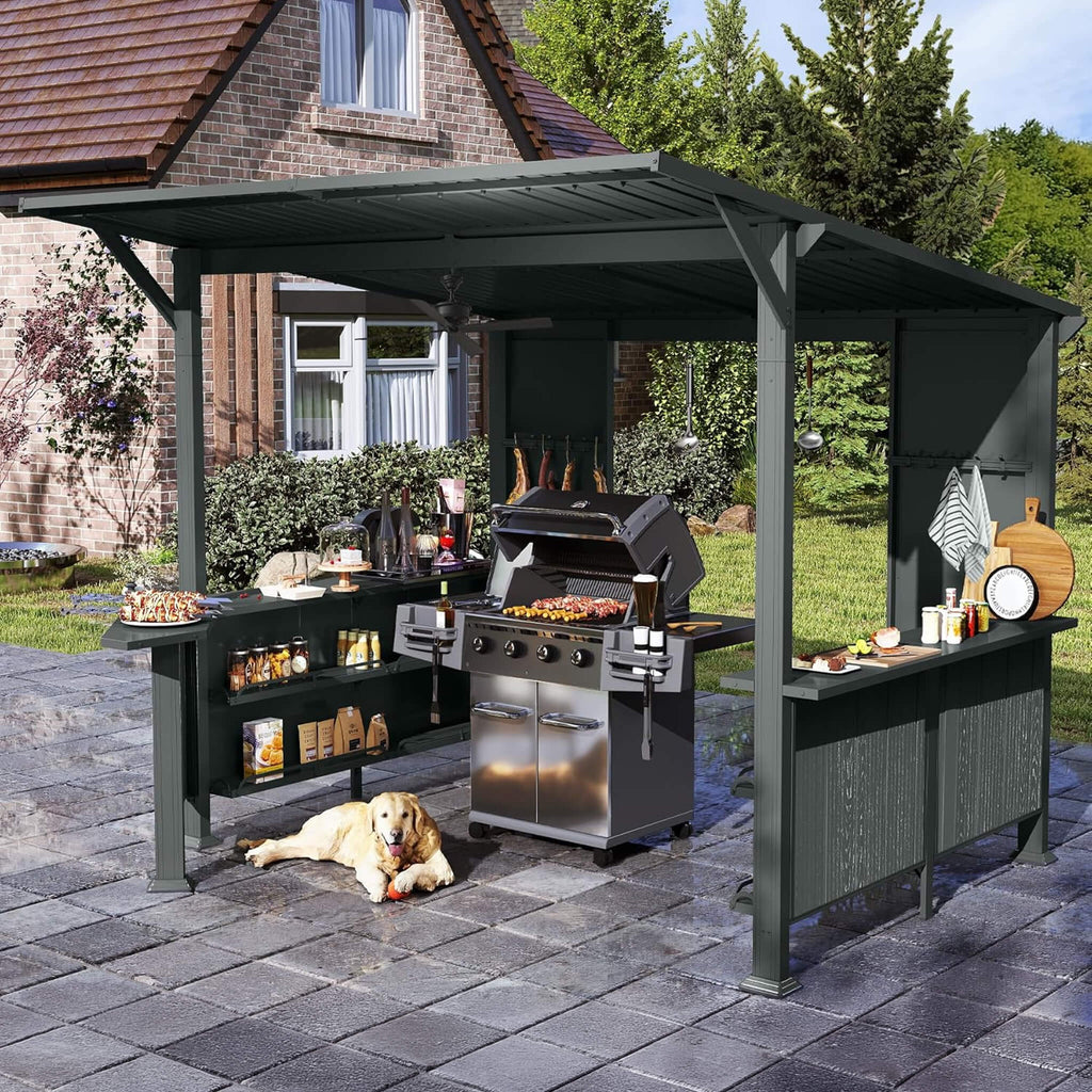 [09X10FT] Modern Slanted Hardtop Alloy Steel Grill Gazebo (SAK32687) - Saksby Wholesale - Lifestyle Gray In Backyard