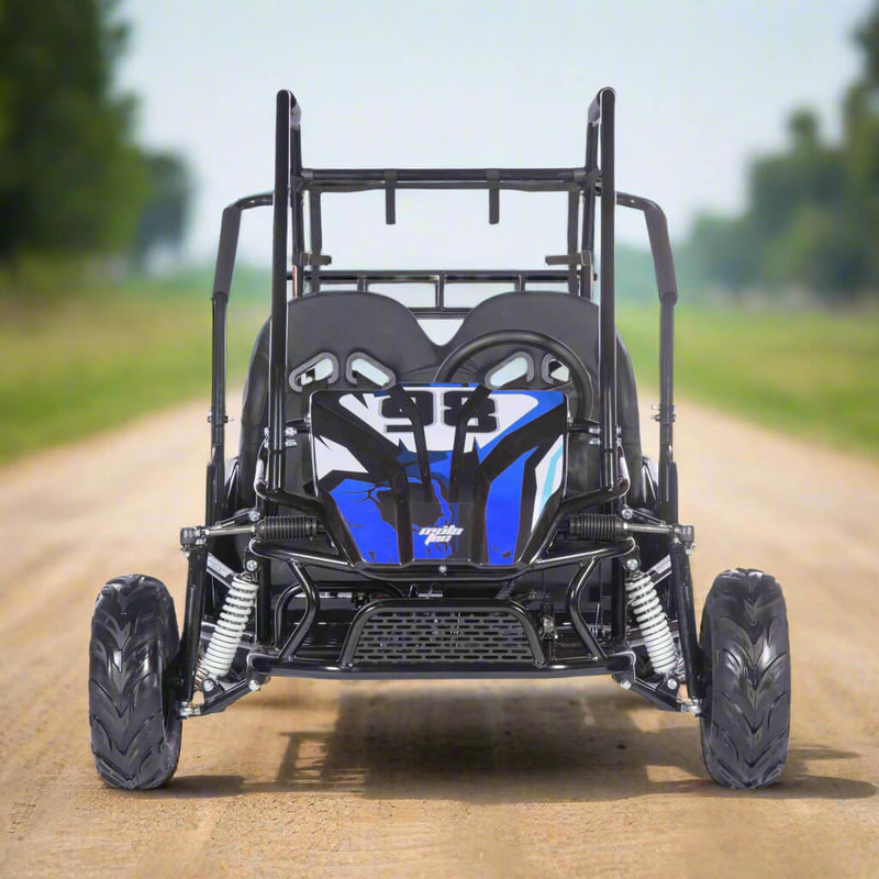 MotoTec Mud Monster XL 212cc 2-Seat Go Kart Blue (SAK27195) Saksby -  Lifestyle Front View on Dirt Road