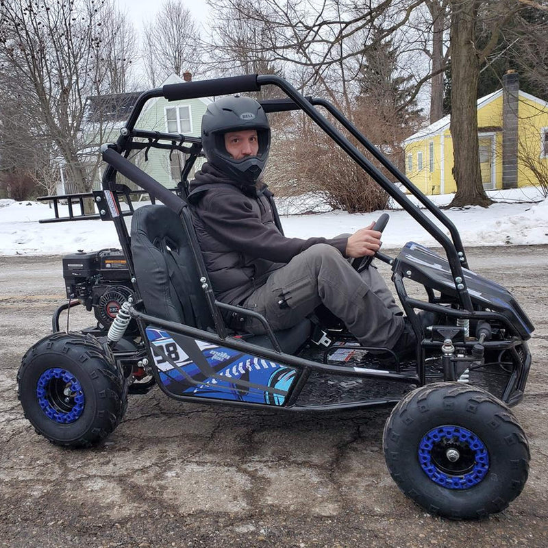 MotoTec Mud Monster XL 212cc 2-Seat Go Kart Blue (SAK27195) Saksby - Lifestyle with Man Sitting Inside
