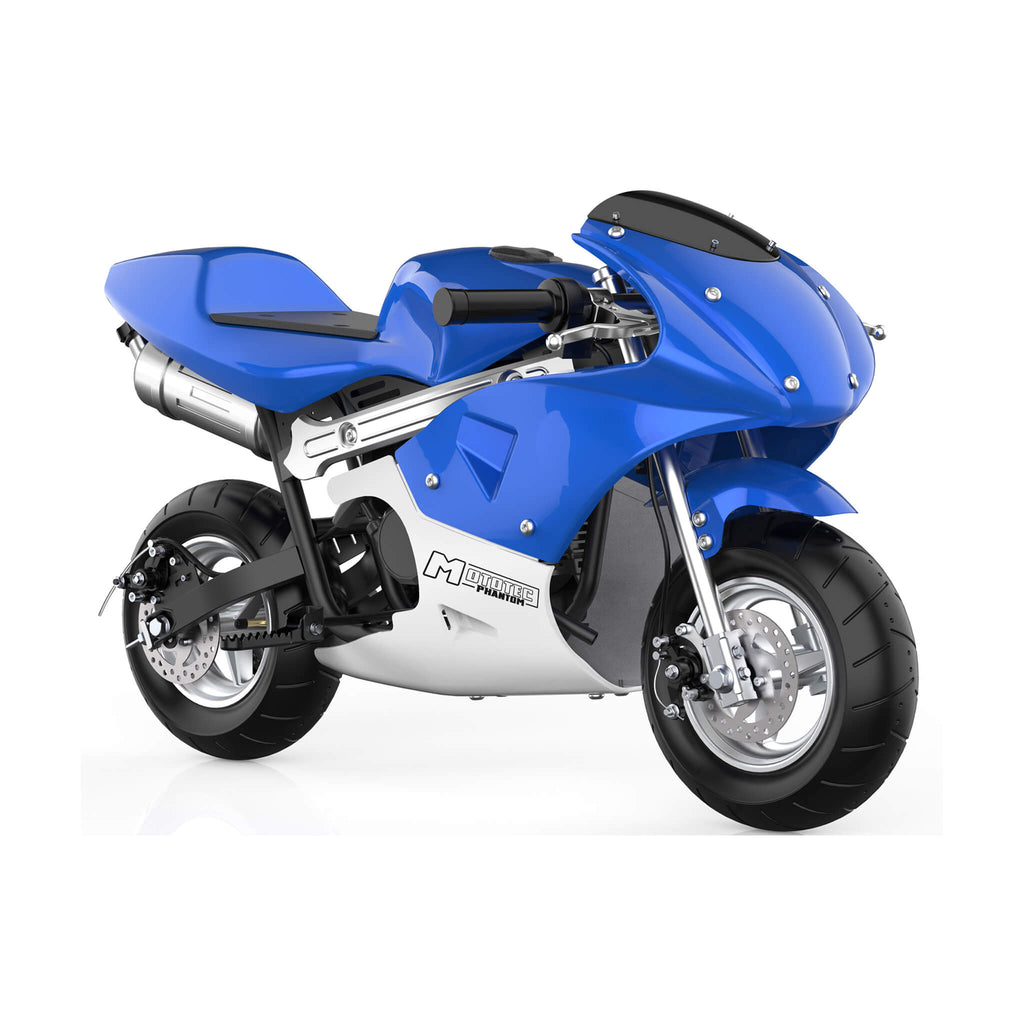 MotoTec Phantom 49CC Two-Stroke Gas Pocket Bike Blue - Saksby Wholesale - Front Right View