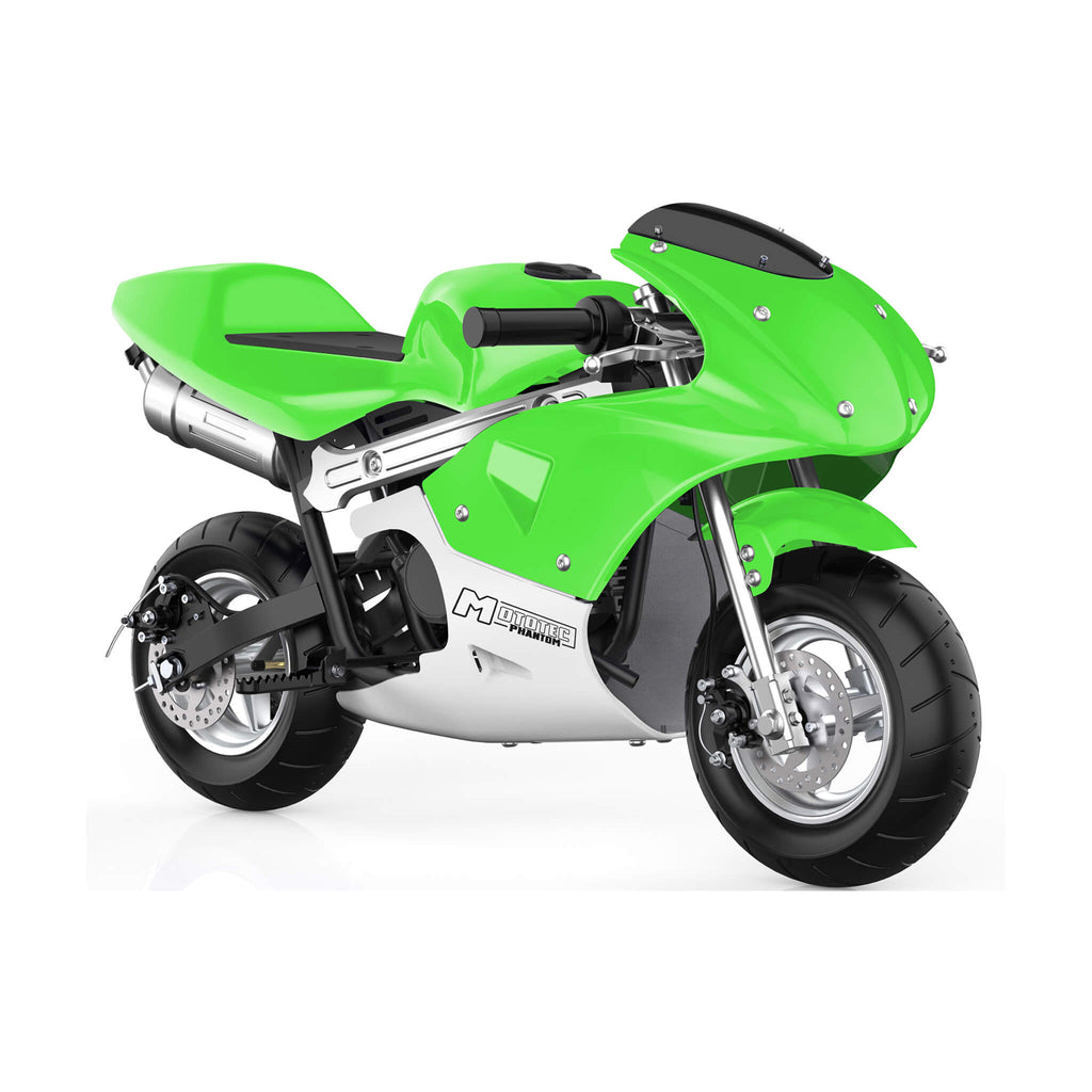 MotoTec Phantom 49CC Two-Stroke Gas Pocket Bike Green - Saksby Wholesale - Front Right View