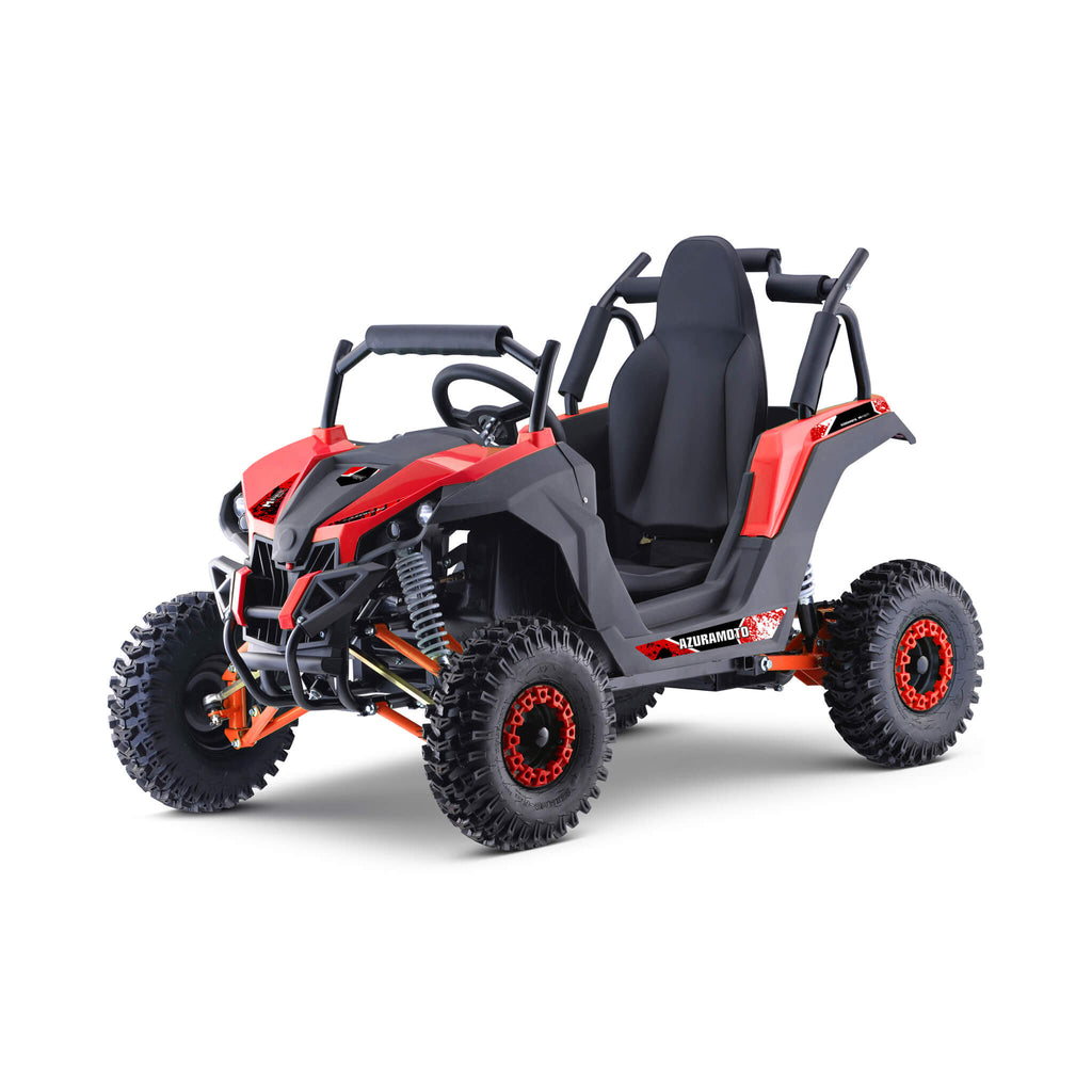 MotoTec Raider 1200W 48V/12AH Kids Electric Full Suspension UTV Red - Saksby Wholesale - Front Left View