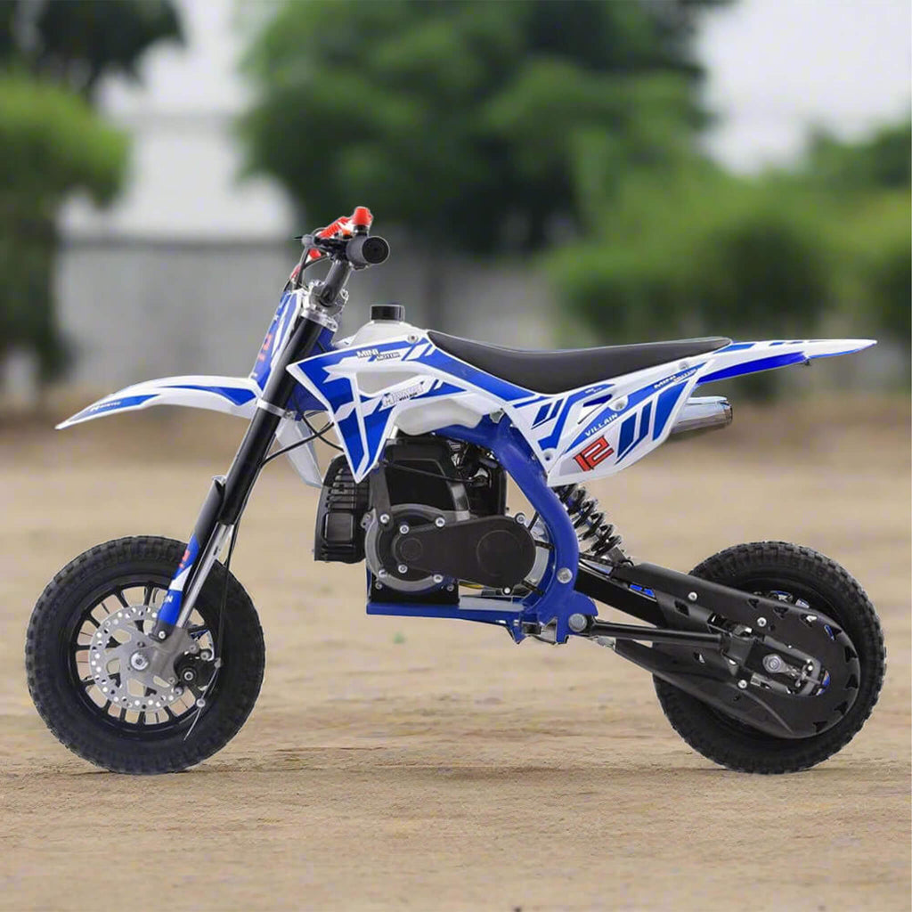 MotoTec Villain 52CC 2-Stroke Kids Gas Dirt Bike Blue - Saksby Wholesale - Lifestyle Side Left View