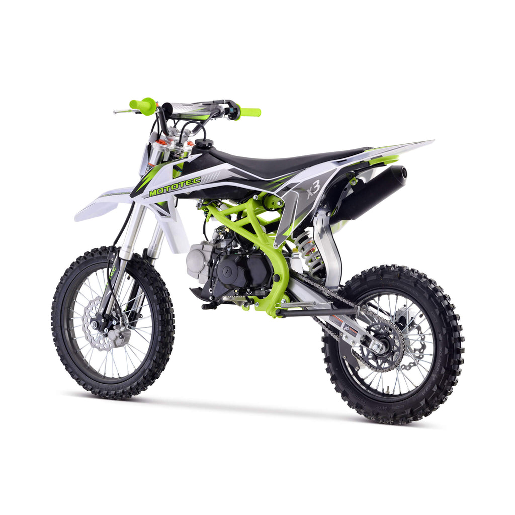 MotoTec X3 125CC 4-Stroke Green Gas-Powered Dirt Bike - Saksby Wholesale - Back Left View