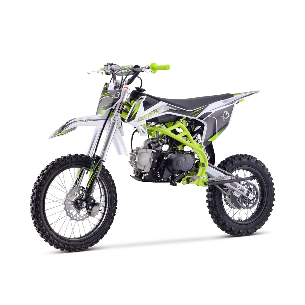 MotoTec X3 125CC 4-Stroke Green Gas-Powered Dirt Bike - Saksby Wholesale - Front Left View