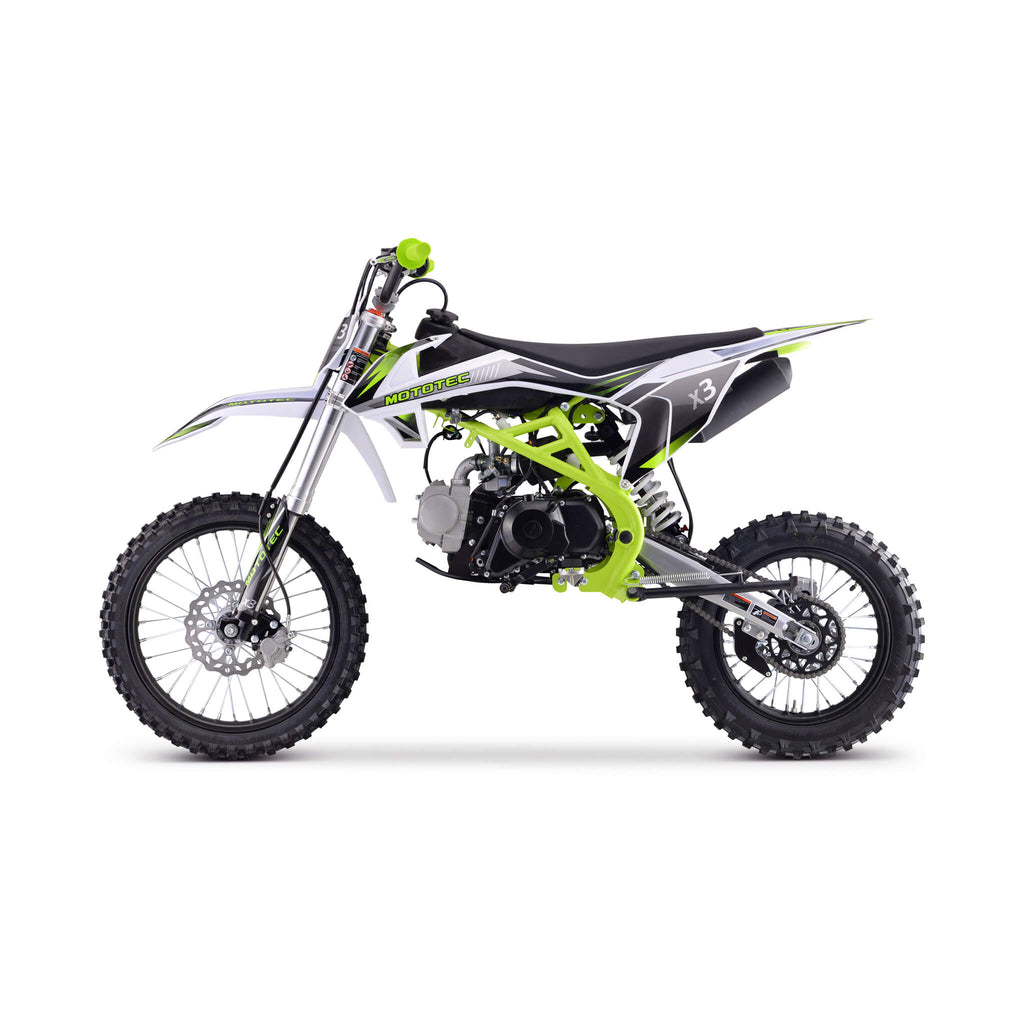 MotoTec X3 125CC 4-Stroke Green Gas-Powered Dirt Bike - Saksby Wholesale - Side Left View