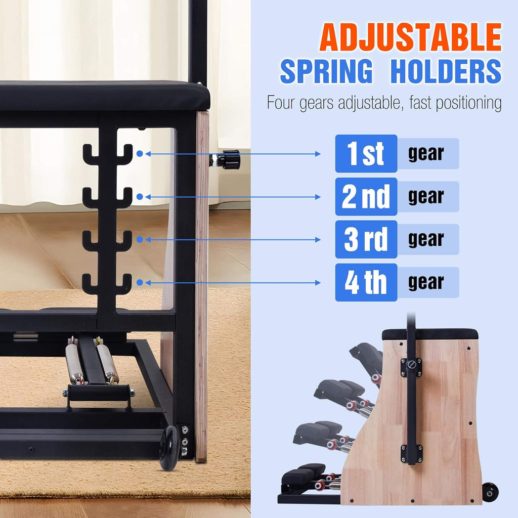 Multifunctional Solid Wood Pilates Reformer Chair With Adjustable Springs And Split Pedals (SAK27581) - Saksby Wholesale - Adjustable Spring Holders