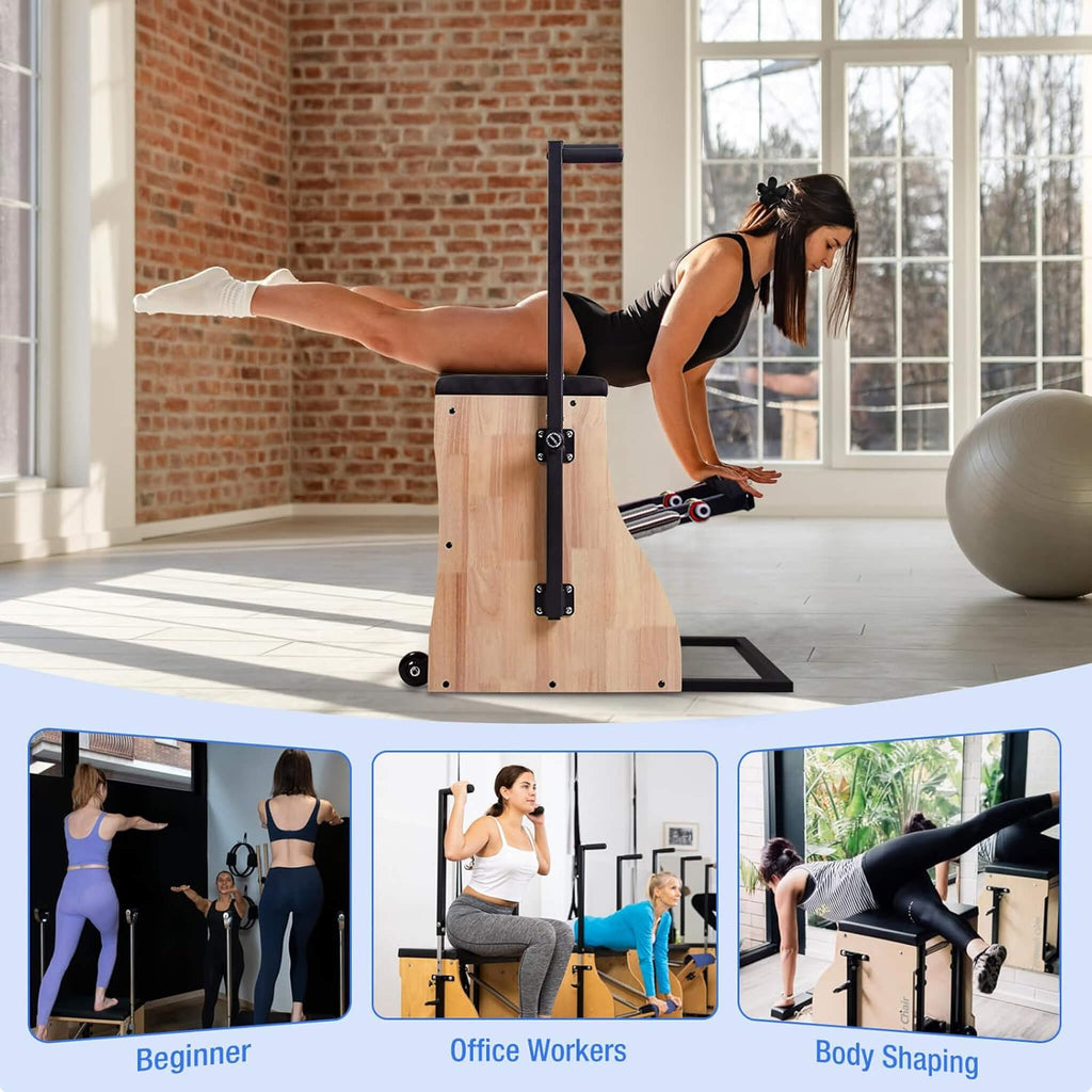 Multifunctional Solid Wood Pilates Reformer Chair With Adjustable Springs And Split Pedals (SAK27581) - Saksby Wholesale - Applications