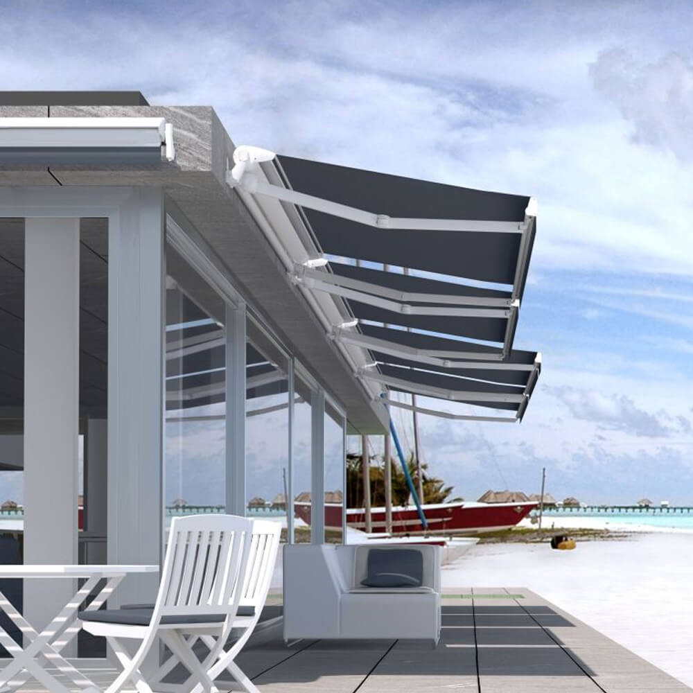 Multiple Awnings Brasilia Europa Premium Outdoor Retractable Sun Shade Awning (SAK76825) - Saksby Wholesale - Side Right View On Building