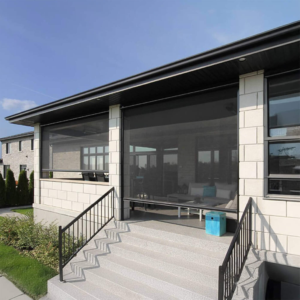 Multiple Awnings Mosquiteria Premium Retractable Blind With Zipper Closure System (SAK21483) - Saksby Wholesale - Lifestyle Front Left View On Building