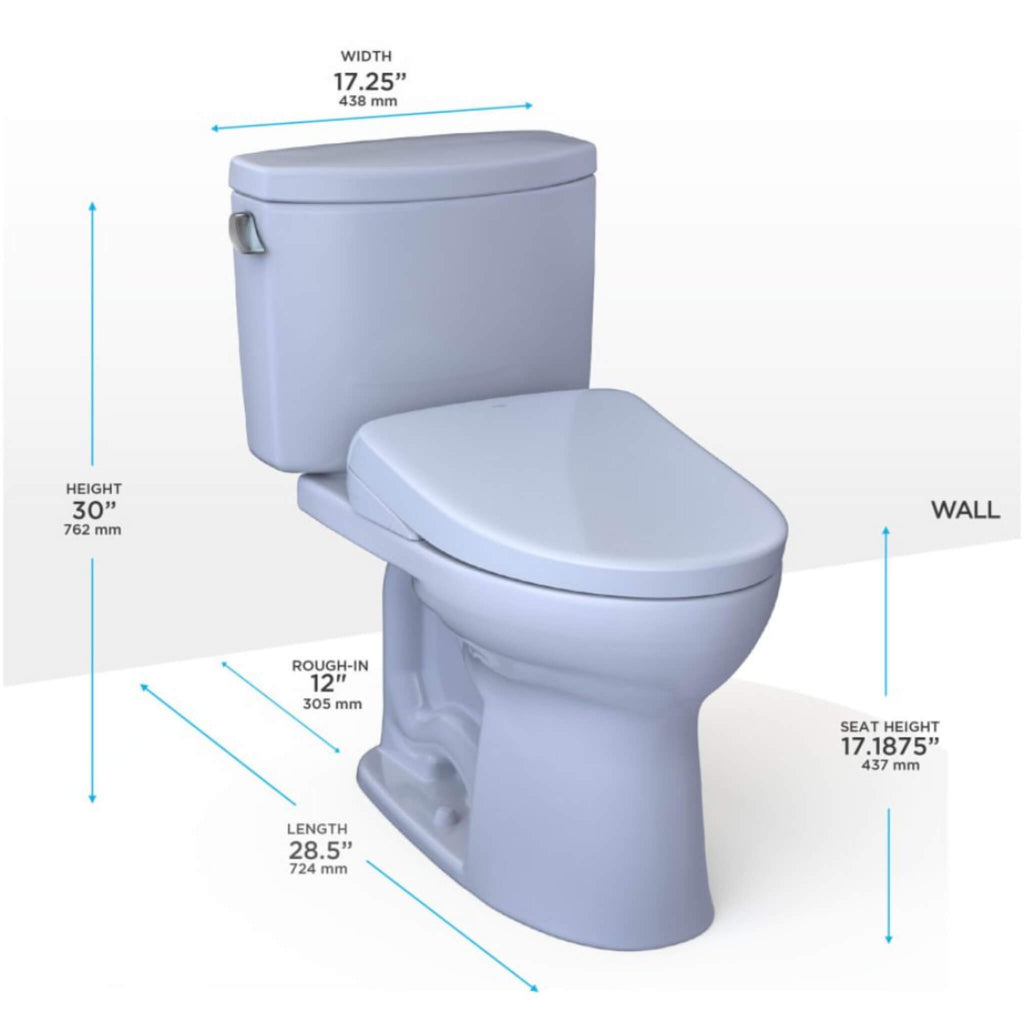 TOTO Drake II 1.28 GPF Elongated Chair Height Toilet With Washlet S7 Bidet Seat (SAK29654) - Dimensions View