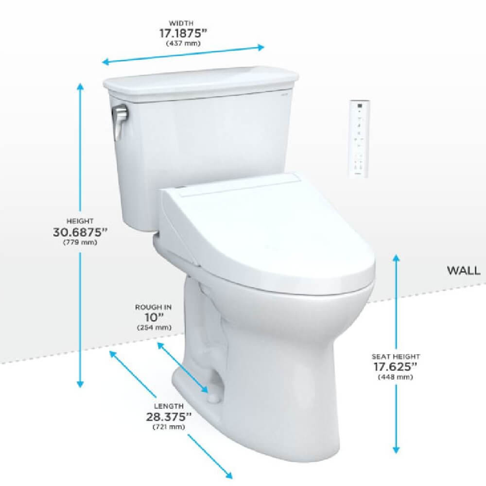 [MW7863084CEFG.10#01] TOTO Drake Washlet C5 With 1.28 GPF Elongated Bidet Toilet With Left Hand Lever (SAK78219) - Saksby Wholesale - Dimensions