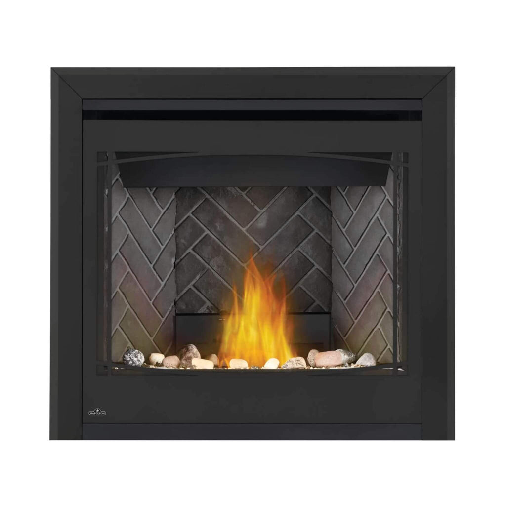 Napoleon Ascent 36 Direct Vent Millivolt Ignition Natural Gas Fireplace, 35-Inch [B36NTR-1] (SAK85316) - Saksby Wholesale - Flames and Stones with Gray Bricks View
