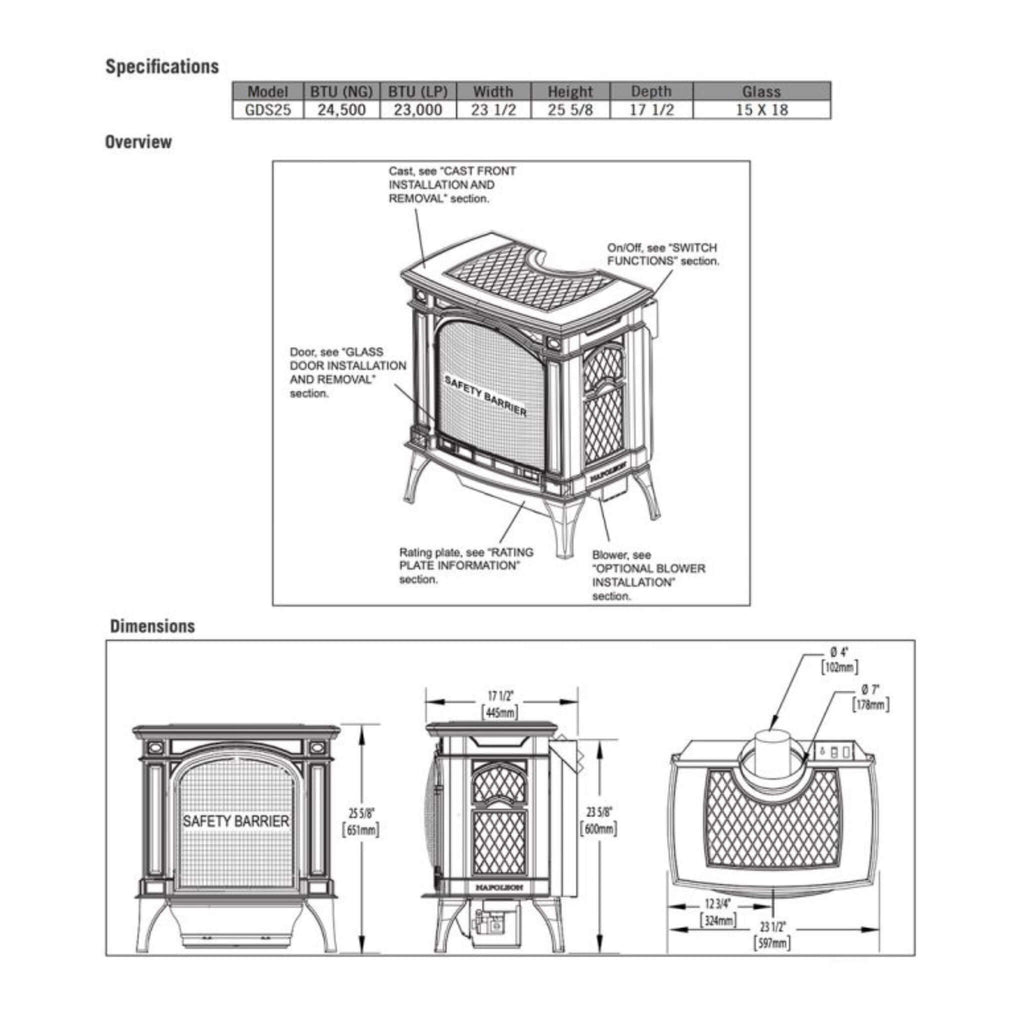Napoleon Bayfield 25-Inch Direct Vent Electronic Ignition Natural Gas Cast Iron Stove, 23" [GDS25NA-1] (SAK95498) - Saksby Wholesale - Dimensions View
