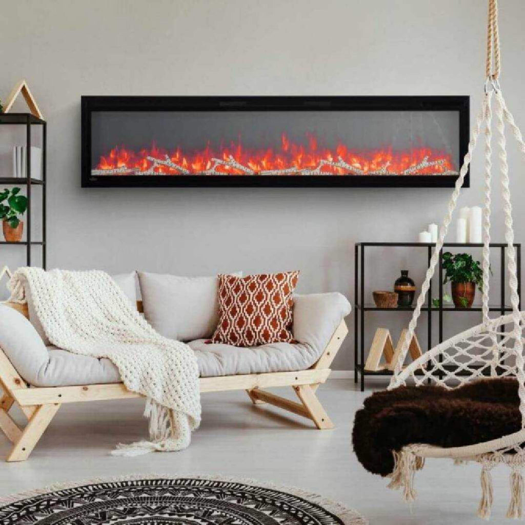 NAPOLEON ENTICE Wall-Hanging Electric Fireplace With Multi-Function Remote Control (SAK74519) - Saksby Wholesale - Lifestyle Image In The Living Room View