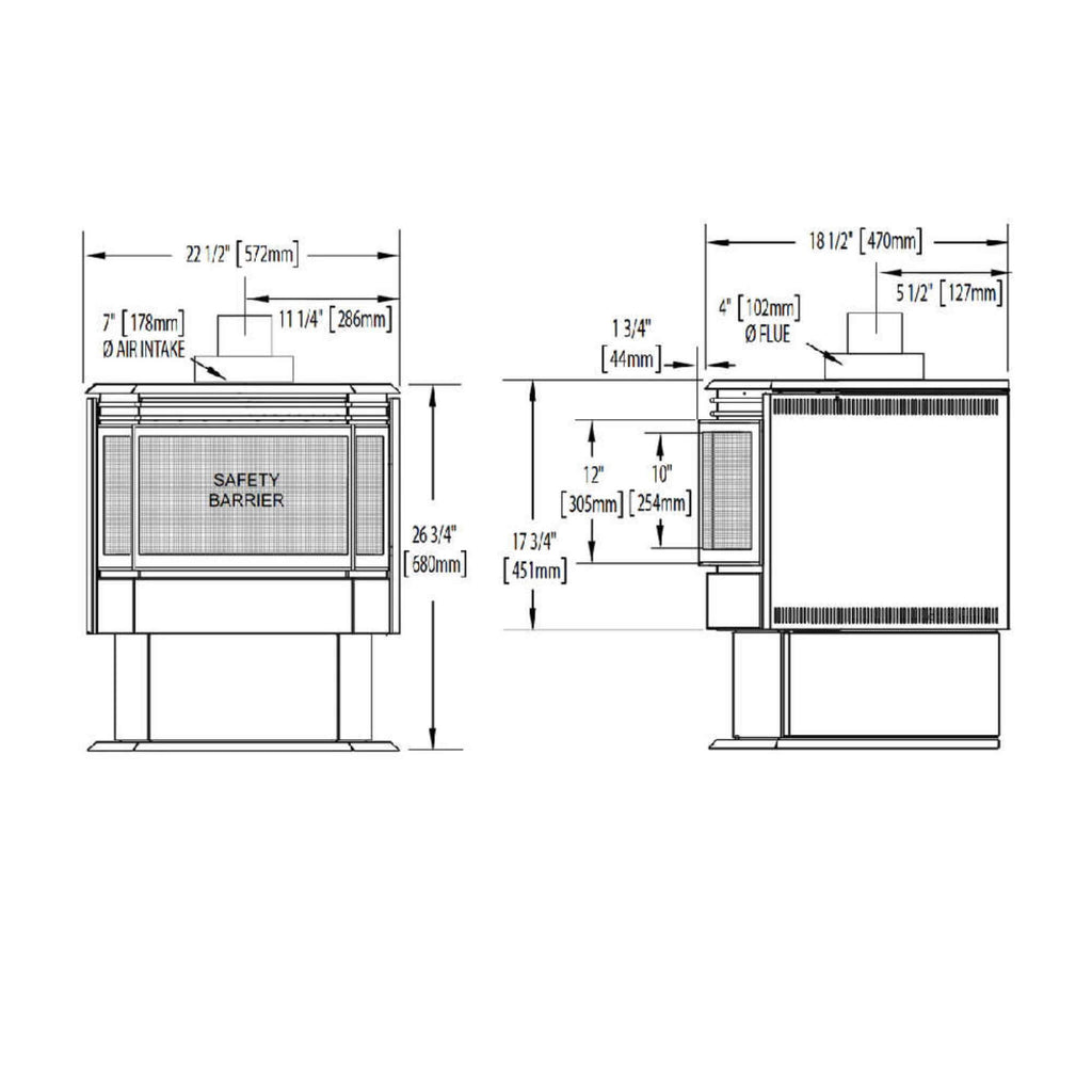 NAPOLEON HALIBURTON 50 Direct Vent Millivolt Ignition Compact Natural Gas Stove, 22" [GDS28-1NSB] (SAK81523) - Dimensions View