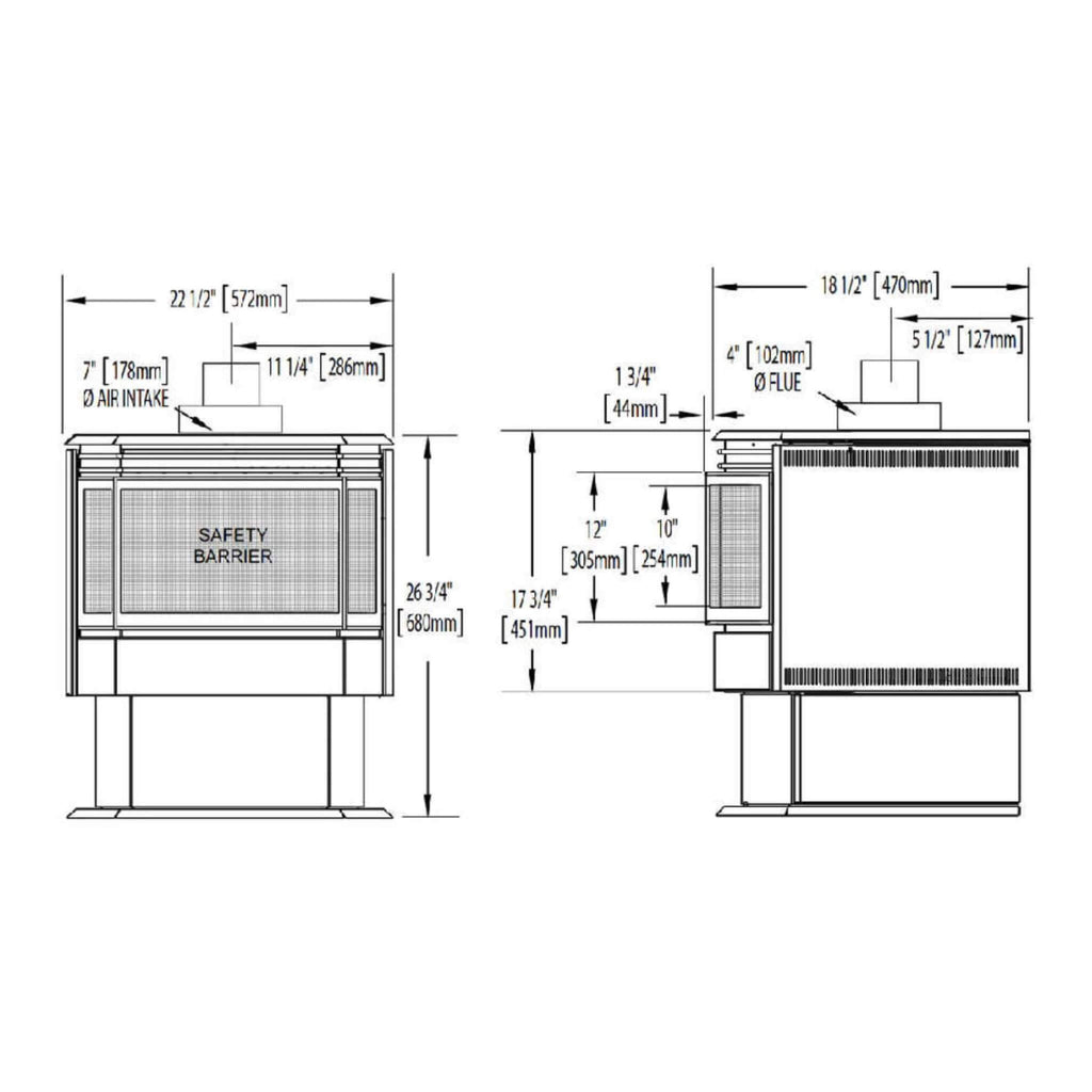 NAPOLEON HALIBURTON 50 Direct Vent Millivolt Ignition Compact Natural Gas Stove, 22" [GDS28-1NSB] (SAK81523) - Saksby Wholesale - Dimensions Details