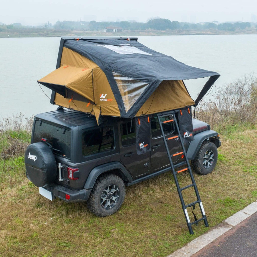 Naturnest Sirius 2 Premium 2XL 3-Person Clamshell Rooftop Tent (SAK91382) - Saksby Wholesale - Back Left View On Jeep