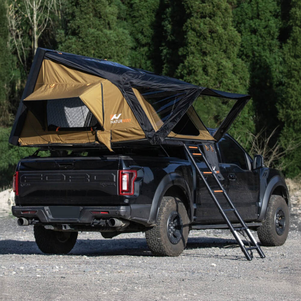Naturnest Sirius 2 Premium 2XL 3-Person Clamshell Rooftop Tent (SAK91382) - Saksby Wholesale - Back Right View On Ford Truck