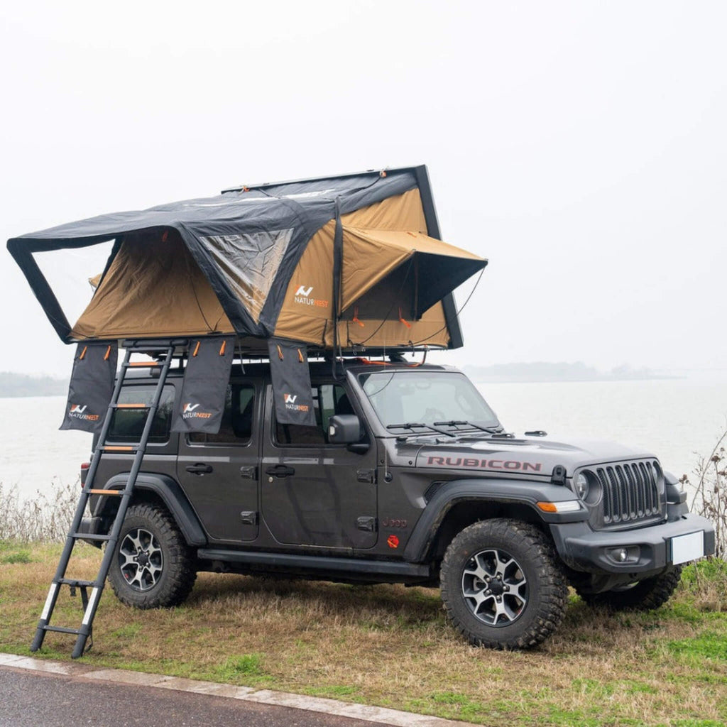 Naturnest Sirius 2 Premium 2XL 3-Person Clamshell Rooftop Tent (SAK91382) - Saksby Wholesale - Front Left View On Jeep