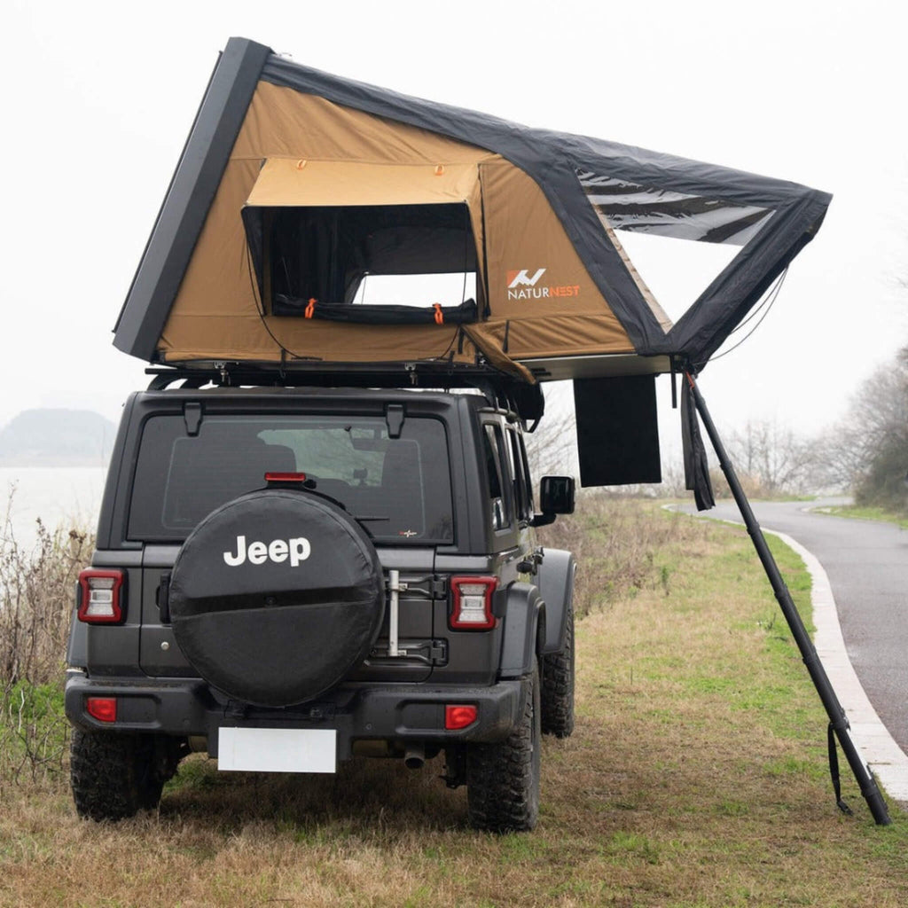Naturnest Sirius 2 Premium 2XL 3-Person Clamshell Rooftop Tent (SAK91382) - Saksby Wholesale - Side Left View On Jeep