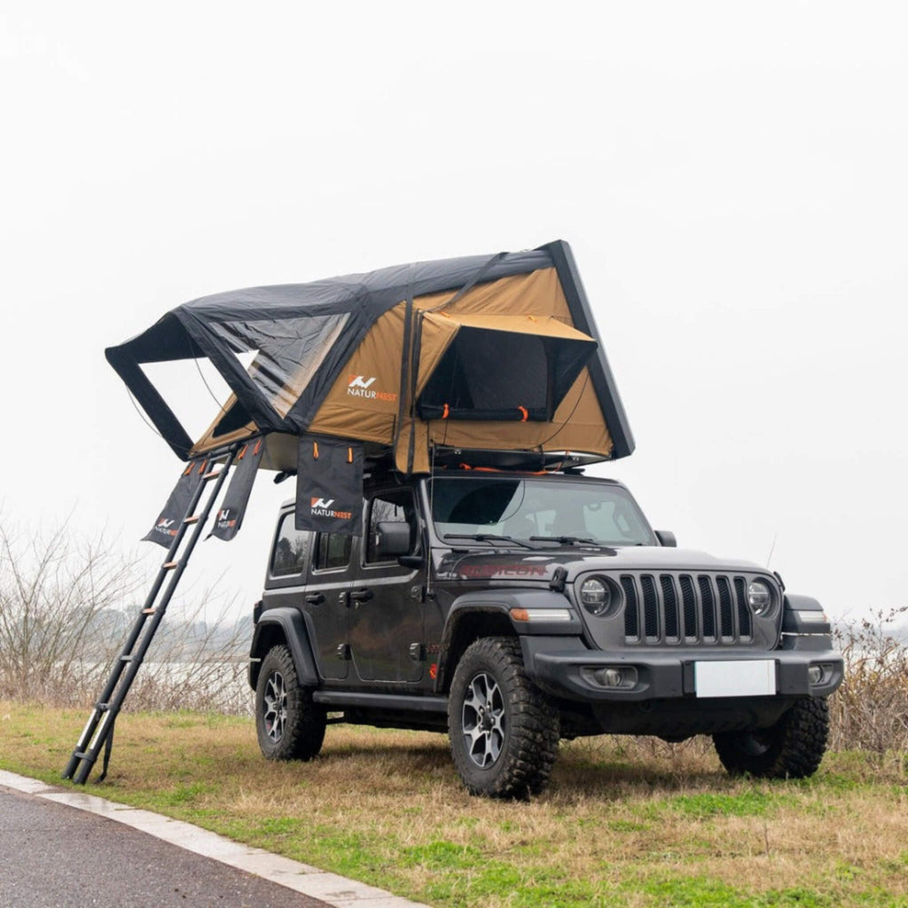Naturnest Sirius 2 Premium 2XL 3-Person Clamshell Rooftop Tent (SAK91382) - Saksby Wholesale - Side Right View On Jeep