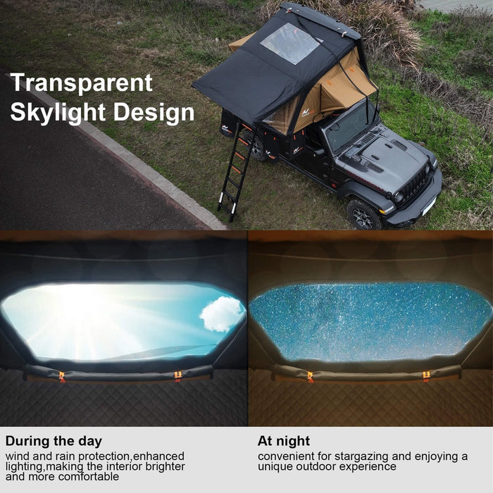 A Naturnest Sirius 3 Rooftop Tent On A Jeep With A Transparent Skylight For Daytime Light And Nighttime Stargazing.